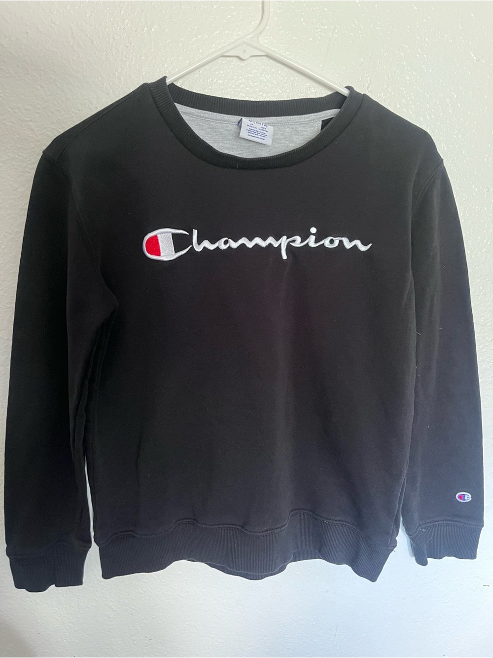 Champion Black Crewneck with White Script and Red Emblem